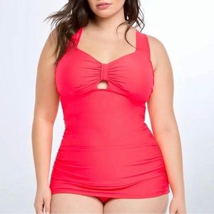 Torrid Bright Pink Swim Top Tankini Halter. Plus Size 2 Flattering ruched sides